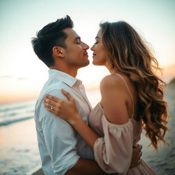 A romantic scene featuring a couple in an intimate embrace, leaning in for a tender kiss