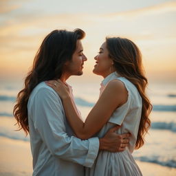 A romantic scene featuring a couple in an intimate embrace, leaning in for a tender kiss