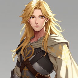 A male character approximately 30 to 35 years of age, with long, flowing golden hair that reaches down to his shoulders, framed by soft waves