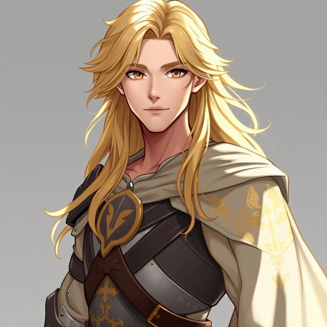 A male character approximately 30 to 35 years of age, with long, flowing golden hair that reaches down to his shoulders, framed by soft waves