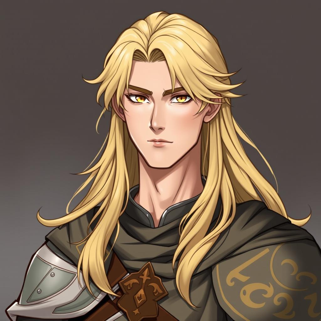 A male character approximately 30 to 35 years of age, with long, flowing golden hair that reaches down to his shoulders, framed by soft waves