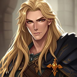 A male character approximately 30 to 35 years of age, with long, flowing golden hair that reaches down to his shoulders, framed by soft waves