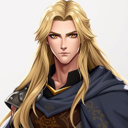 A male character approximately 30 to 35 years of age, with long, flowing golden hair that reaches down to his shoulders, framed by soft waves