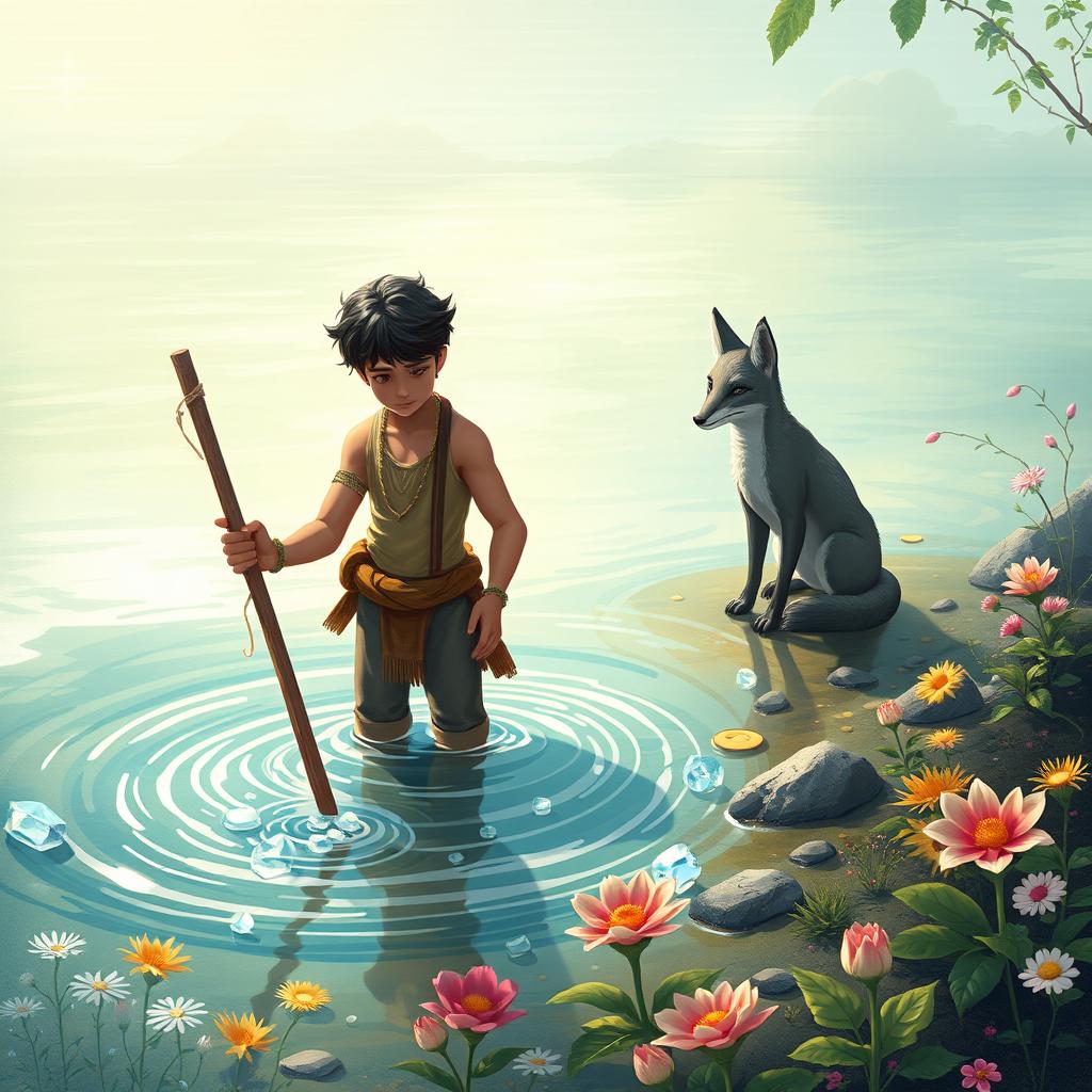 A captivating scene unfolding at the lagoon where a young man named Cayetano stirs the clear waters with a long stick, searching for magical crystals