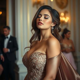 A beautiful woman wearing a glamorous evening dress, her big breasts elegantly accentuated by the fitted bodice of the gown