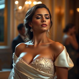 A beautiful woman wearing a glamorous evening dress, her big breasts elegantly accentuated by the fitted bodice of the gown