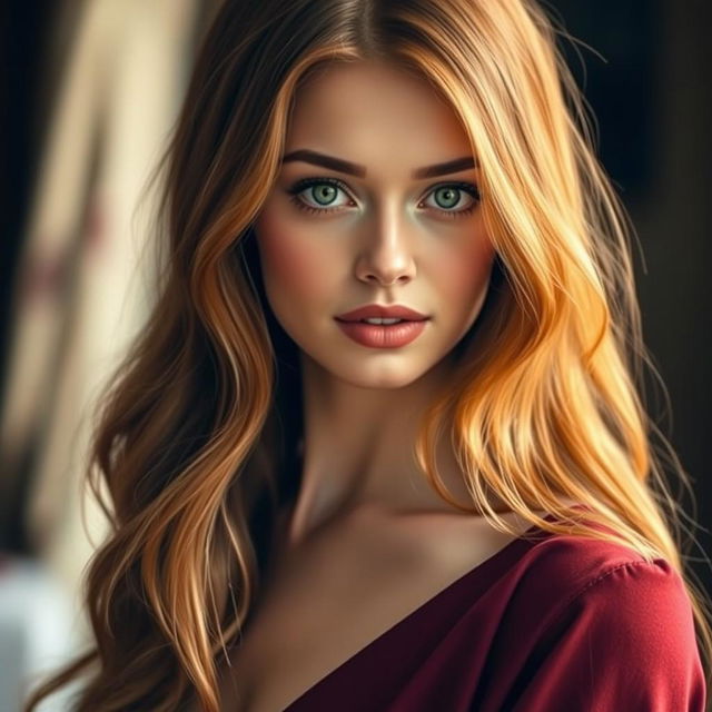 A stunning young woman aged approximately 25 to 30 years, featuring long, soft hair in a deep reddish-brown hue with subtle waves, exuding natural smoothness