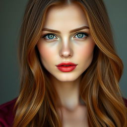 A stunning young woman aged approximately 25 to 30 years, featuring long, soft hair in a deep reddish-brown hue with subtle waves, exuding natural smoothness