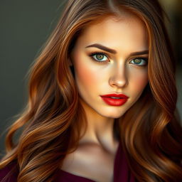 A stunning young woman aged approximately 25 to 30 years, featuring long, soft hair in a deep reddish-brown hue with subtle waves, exuding natural smoothness