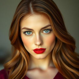 A stunning young woman aged approximately 25 to 30 years, featuring long, soft hair in a deep reddish-brown hue with subtle waves, exuding natural smoothness