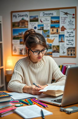 A determined young woman sitting at a desk, surrounded by books and notes, intensely focused on studying