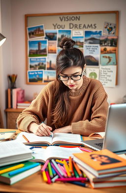 A determined young woman sitting at a desk, surrounded by books and notes, intensely focused on studying