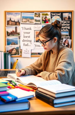 A determined young woman sitting at a desk, surrounded by books and notes, intensely focused on studying