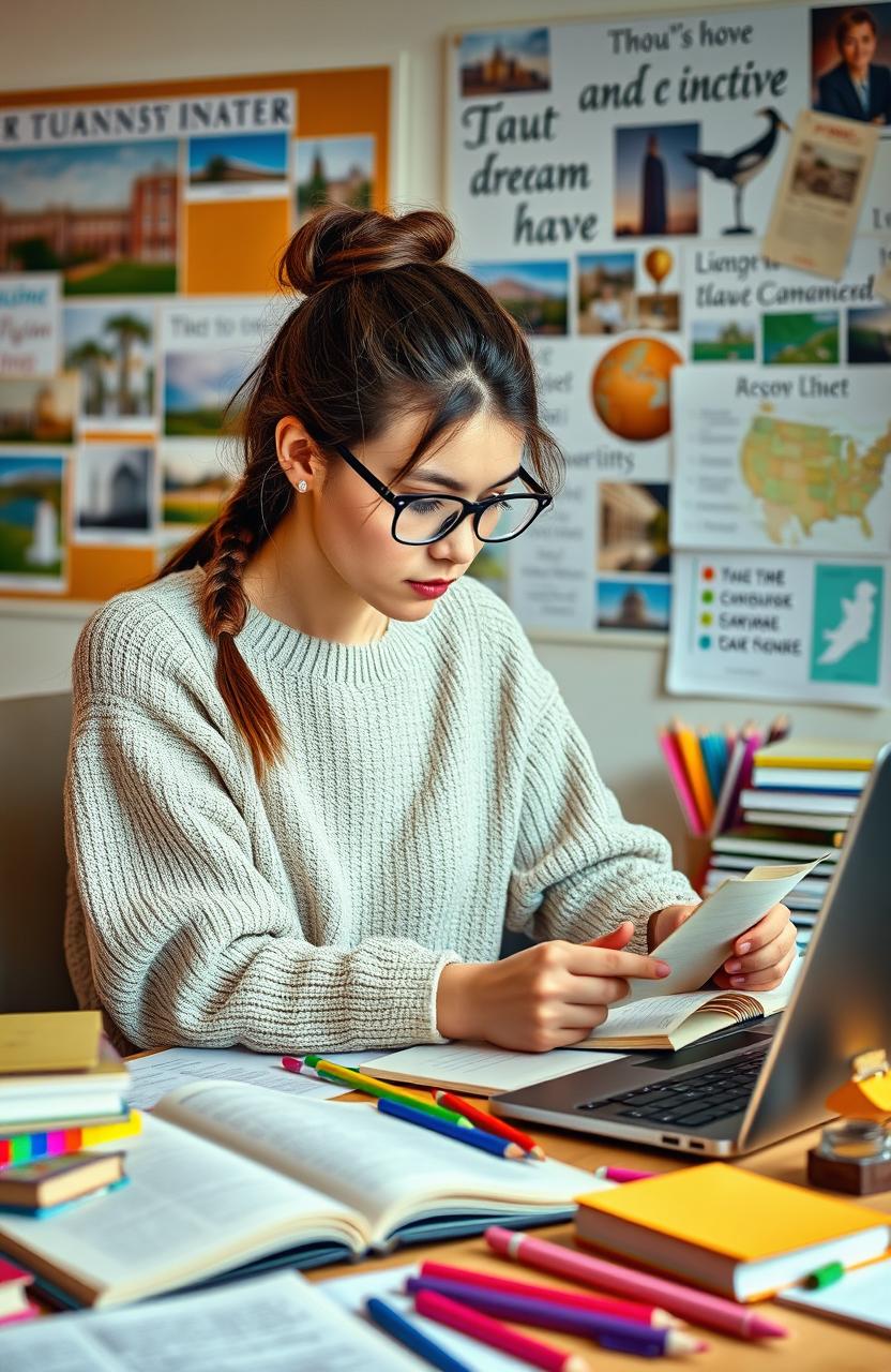 A determined young woman sitting at a desk, surrounded by books and notes, intensely focused on studying