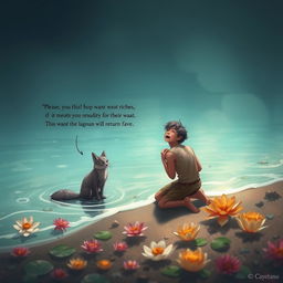 A poignant moment at the edge of the lagoon where a young man named Cayetano kneels helplessly on the shore, his body language expressive of desperation