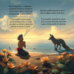 A poignant moment at the edge of the lagoon where a young man named Cayetano kneels helplessly on the shore, his body language expressive of desperation