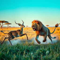 A dramatic scene depicting a lion in the wild, actively hunting a deer
