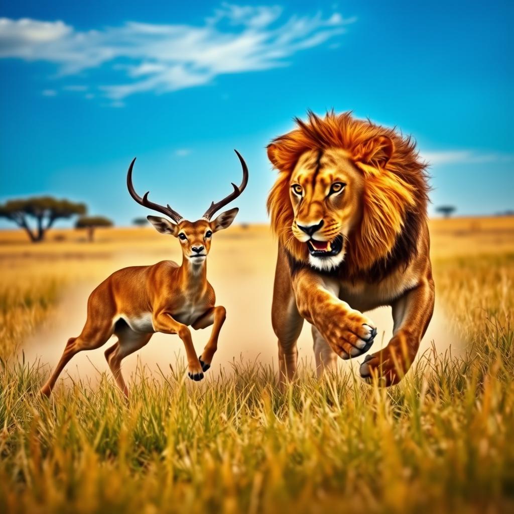 A dramatic scene depicting a lion in the wild, actively hunting a deer