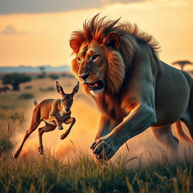 A dramatic scene depicting a lion in the wild, actively hunting a deer