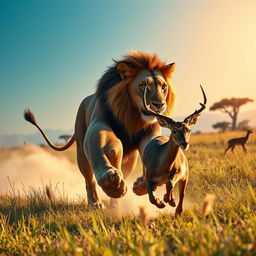 A dramatic scene depicting a lion in the wild, actively hunting a deer