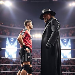 A dramatic scene featuring Cristiano Ronaldo standing confidently inside a wrestling ring, facing off against The Undertaker