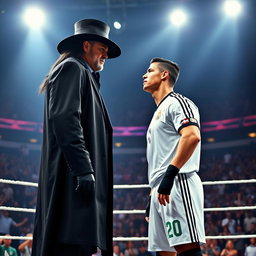 A dramatic scene featuring Cristiano Ronaldo standing confidently inside a wrestling ring, facing off against The Undertaker
