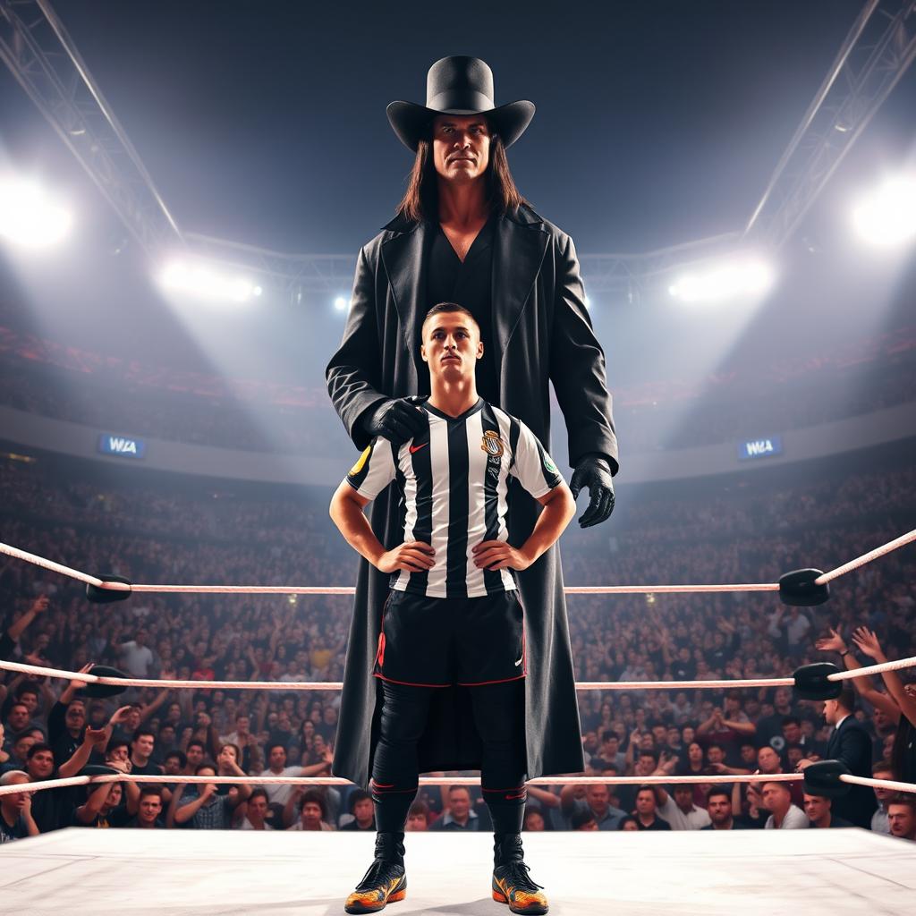 A dramatic scene featuring Cristiano Ronaldo standing confidently inside a wrestling ring, facing off against The Undertaker