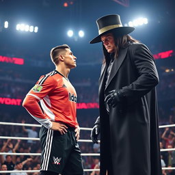A dramatic scene featuring Cristiano Ronaldo standing confidently inside a wrestling ring, facing off against The Undertaker