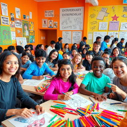 An exciting and colorful scene depicting a coloring competition at an entrepreneurship day event
