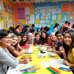 An exciting and colorful scene depicting a coloring competition at an entrepreneurship day event