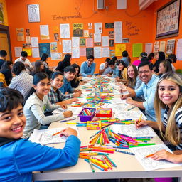 An exciting and colorful scene depicting a coloring competition at an entrepreneurship day event