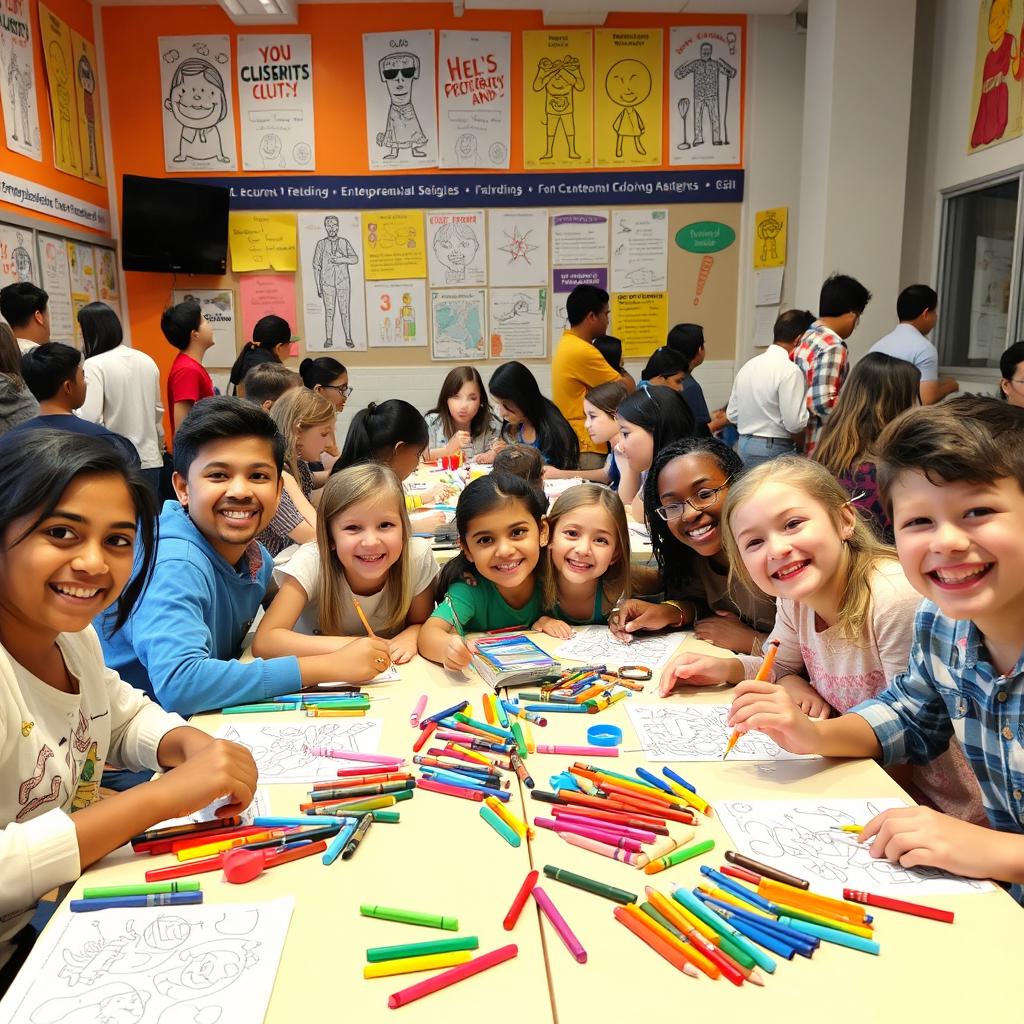 An exciting and colorful scene depicting a coloring competition at an entrepreneurship day event