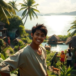 A heartwarming scene depicting Cayetano, a young man who has discovered the value of working alongside his community, thriving through honest labor
