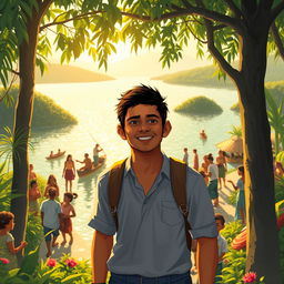 A heartwarming scene depicting Cayetano, a young man who has discovered the value of working alongside his community, thriving through honest labor