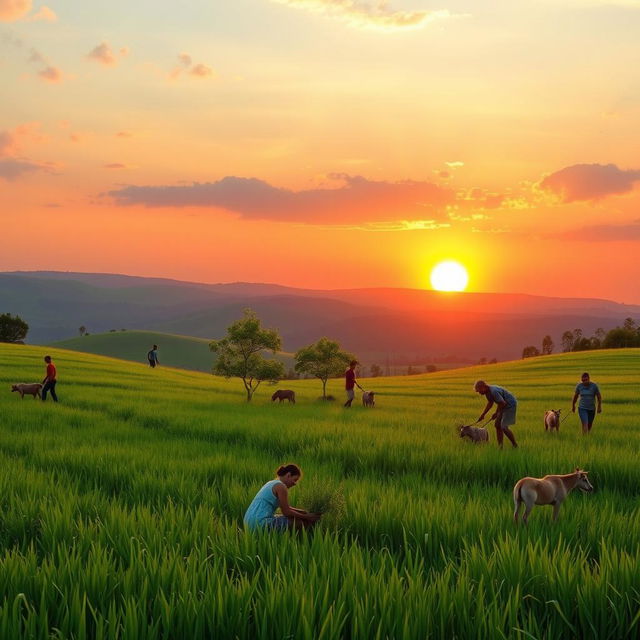 A serene landscape illustrating the essence of caring for others and the environment, featuring a lush green meadow with people of diverse backgrounds helping each other, planting trees, and caring for animals