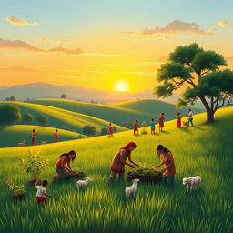 A serene landscape illustrating the essence of caring for others and the environment, featuring a lush green meadow with people of diverse backgrounds helping each other, planting trees, and caring for animals