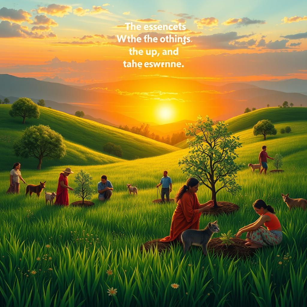 A serene landscape illustrating the essence of caring for others and the environment, featuring a lush green meadow with people of diverse backgrounds helping each other, planting trees, and caring for animals