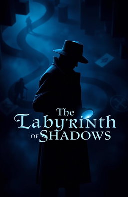 A dark blue themed video game or film poster for a murder mystery clue-solving FBI program titled 'The Labyrinth of Shadows'