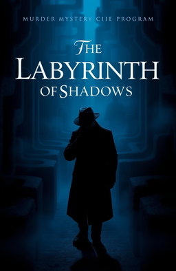 A dark blue themed video game or film poster for a murder mystery clue-solving FBI program titled 'The Labyrinth of Shadows'