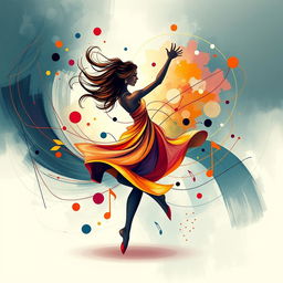 An abstract representation of a graceful woman dancing, with swirling lines and vibrant colors that convey movement and emotion