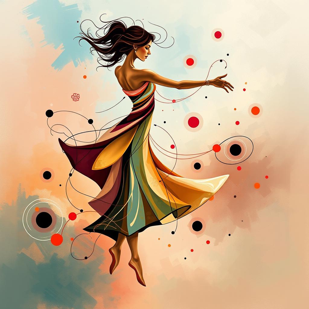 An abstract representation of a graceful woman dancing, with swirling lines and vibrant colors that convey movement and emotion