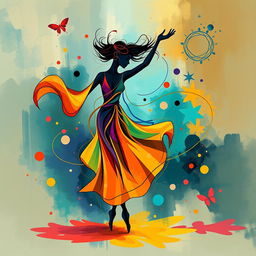 An abstract representation of a graceful woman dancing, with swirling lines and vibrant colors that convey movement and emotion