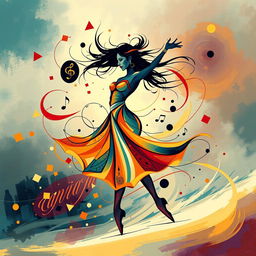An abstract representation of a graceful woman dancing, with swirling lines and vibrant colors that convey movement and emotion