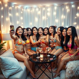 A vibrant and lively lingerie party scene featuring a diverse group of Asian women in colorful and stylish lingerie