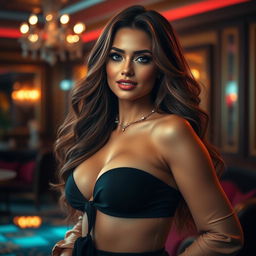 A beautiful and alluring woman with long, wavy hair and sultry makeup, wearing a fashionable and stylish outfit that accentuates her figure