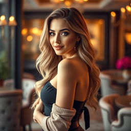 A beautiful and alluring woman with long, wavy hair and sultry makeup, wearing a fashionable and stylish outfit that accentuates her figure