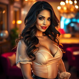 A beautiful and alluring woman with long, wavy hair and sultry makeup, wearing a fashionable and stylish outfit that accentuates her figure