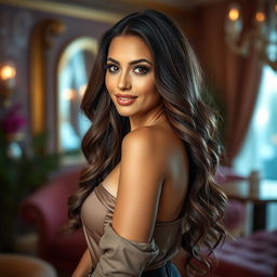 A beautiful and alluring woman with long, wavy hair and sultry makeup, wearing a fashionable and stylish outfit that accentuates her figure