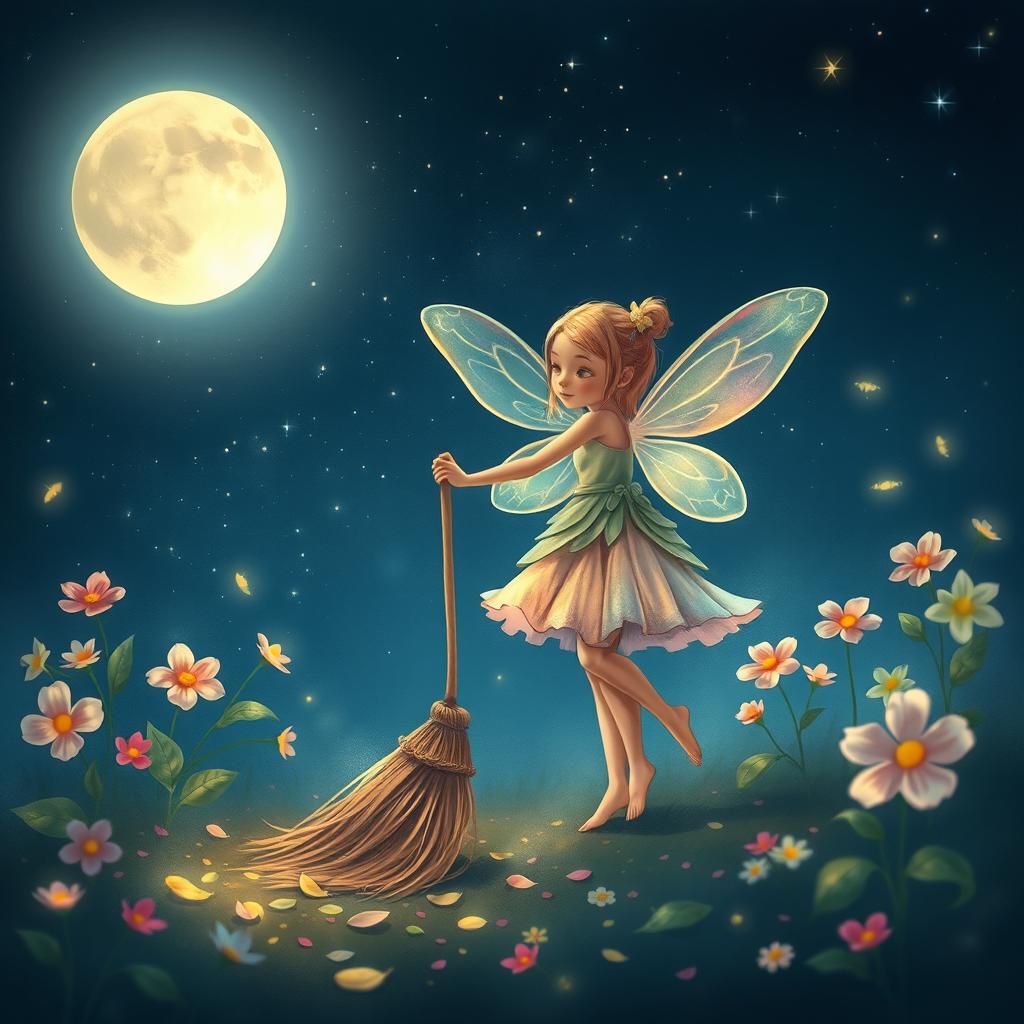 A whimsical scene of a fairy sweeping leaves in a moonlit garden