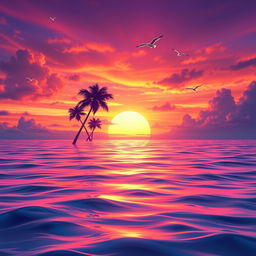 A dynamic and colorful animation showcasing a beautiful sunset over a tranquil ocean